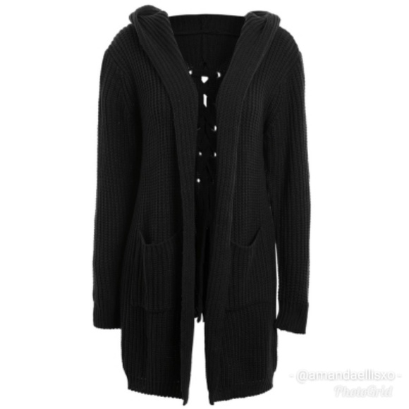 OrganicDisturbance Sweaters - Hooded Lace Up Cardigan with Hood
